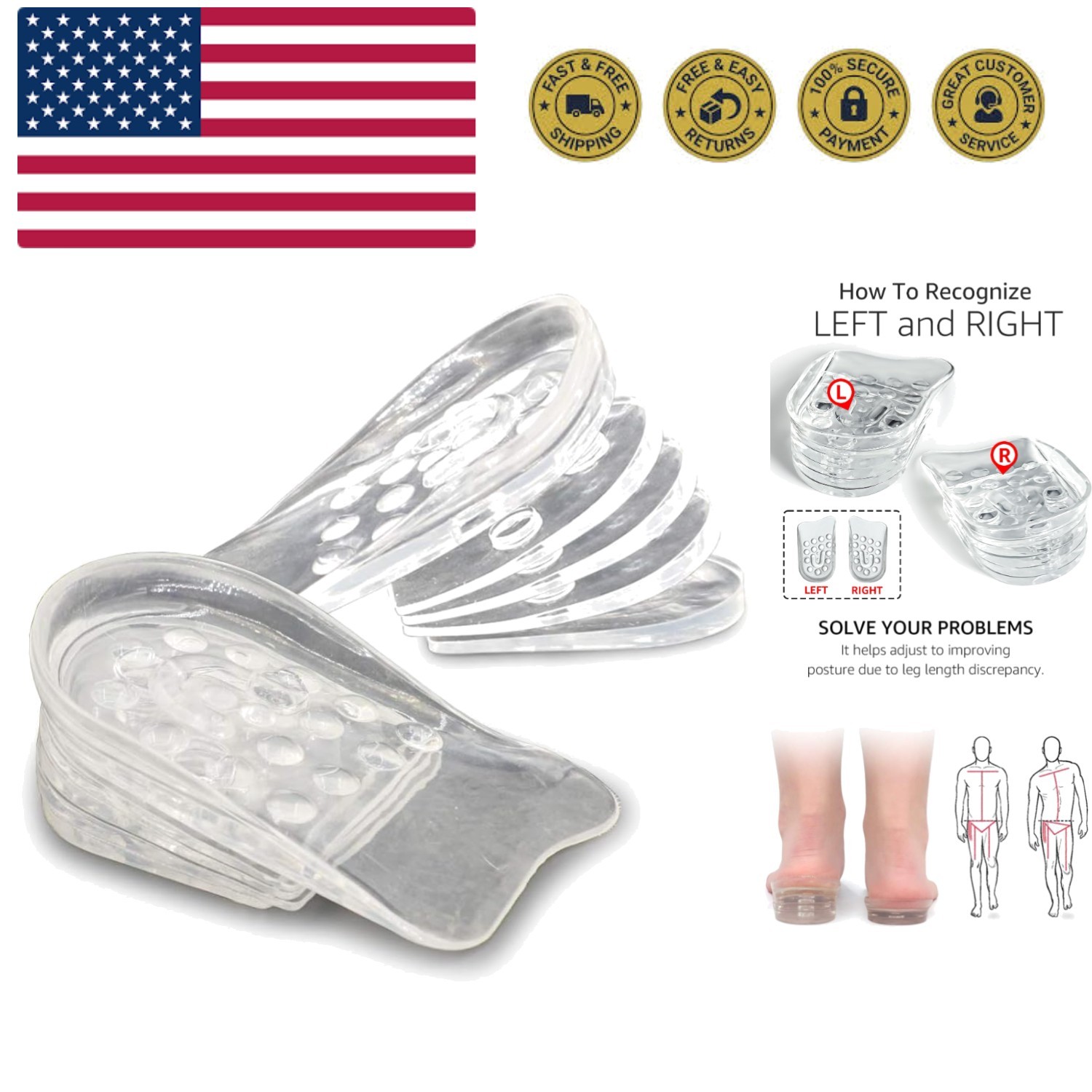 Adjustable 5-Layer Height Increase Insoles, Silicone Heel Cushion Inserts for...