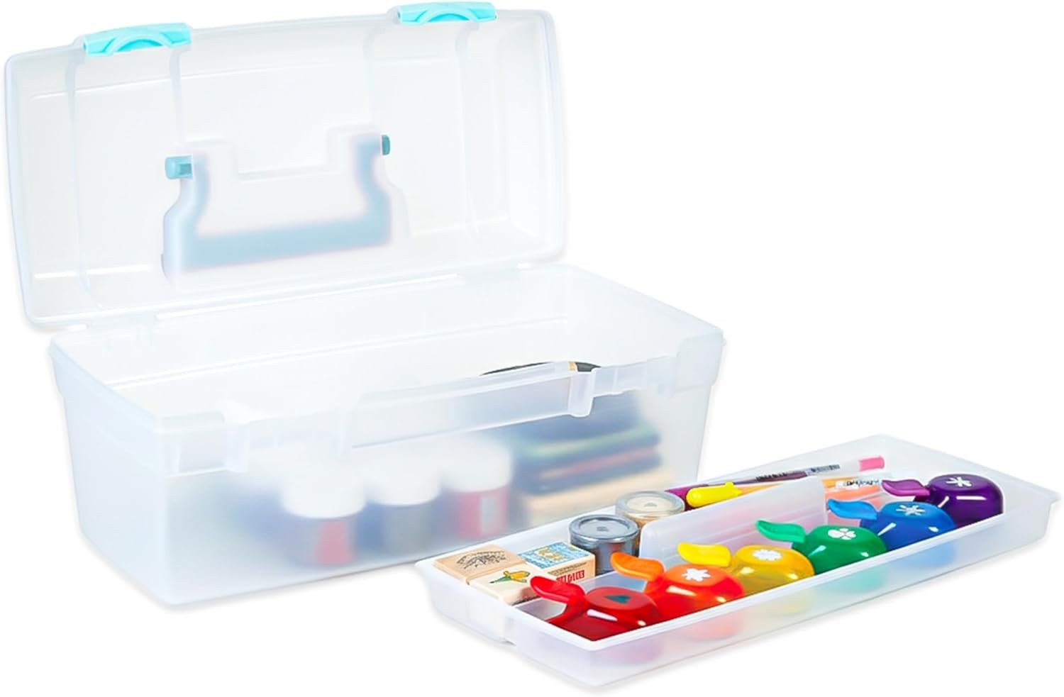 Portable Art Supply Organizer (with Handle and Tray), Clear/Aqua Blue