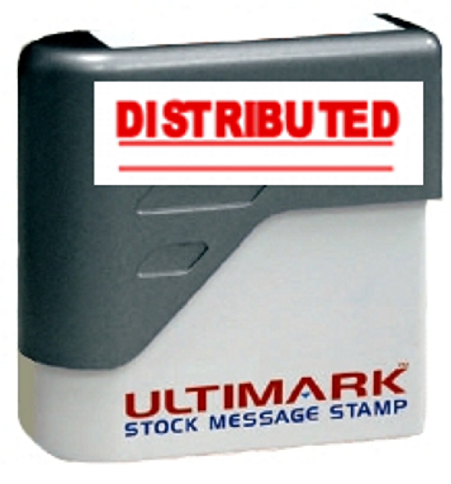 DISTRIBUTED stamp text on Ultimark Pre-inked Rubber Stamp with Red Ink