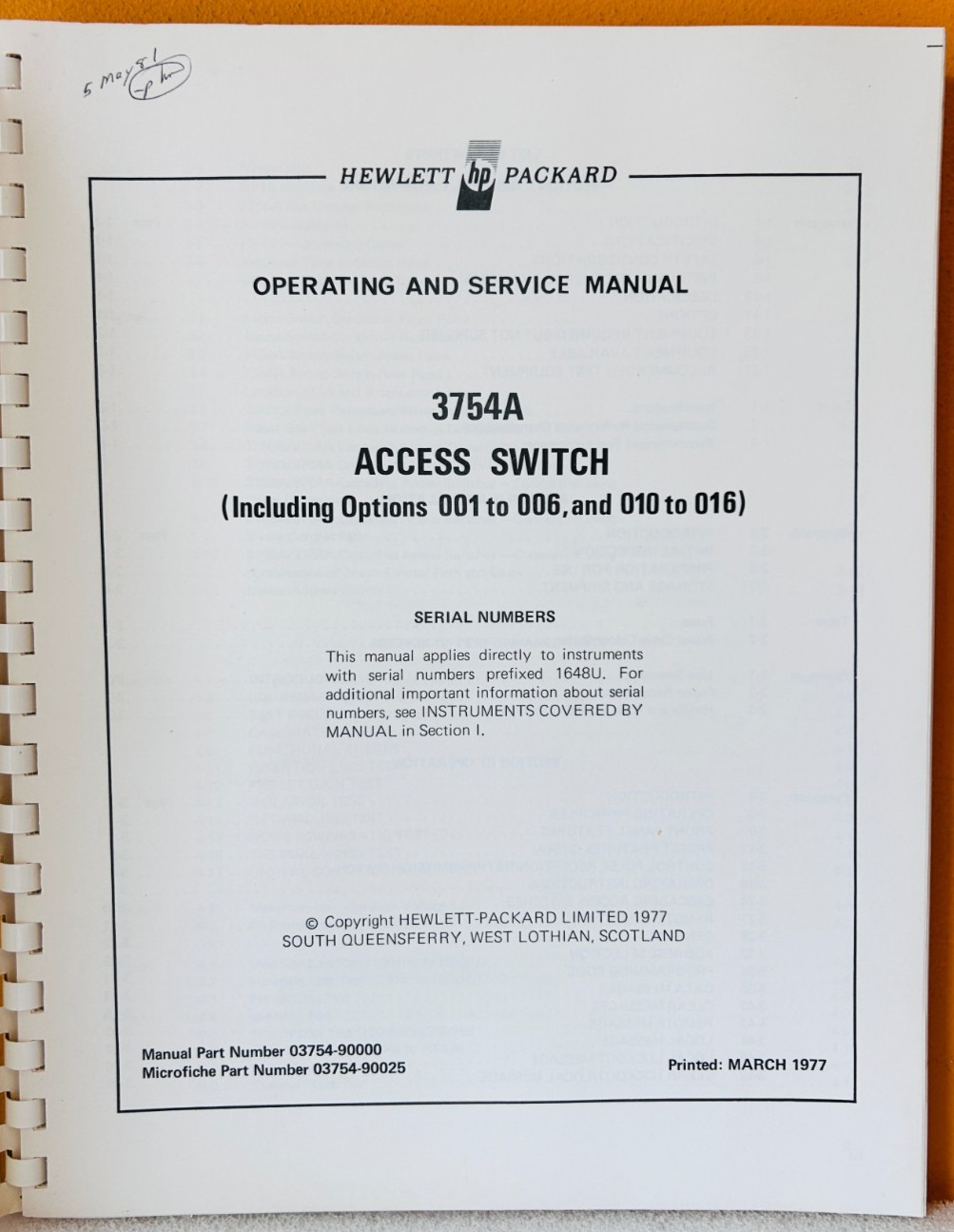 HP 03754-90000 Model 3754A Access Switch Operating & Service Manual.