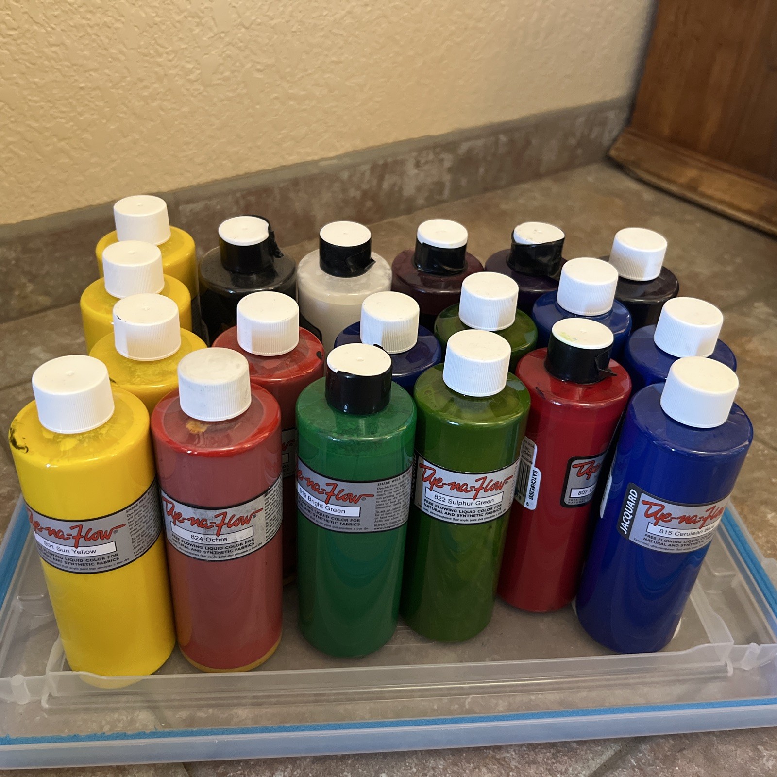 Jacquard Dye-Na-Flow Fabric Paint lot of 19 yellow purple black white red ochre