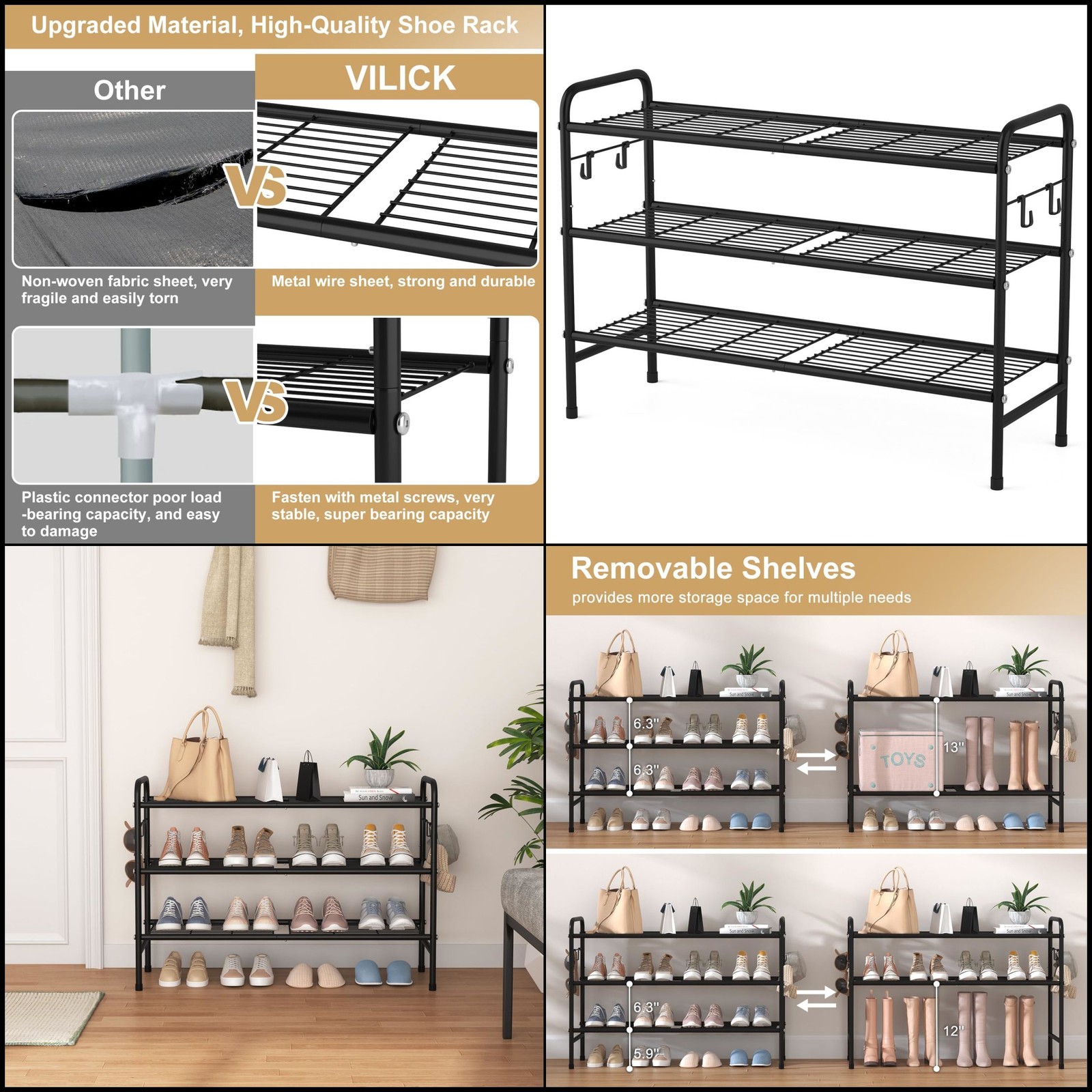 Shoe Rack Organizer Metal Wide Long Storage Tier 33 Side 4-Tier