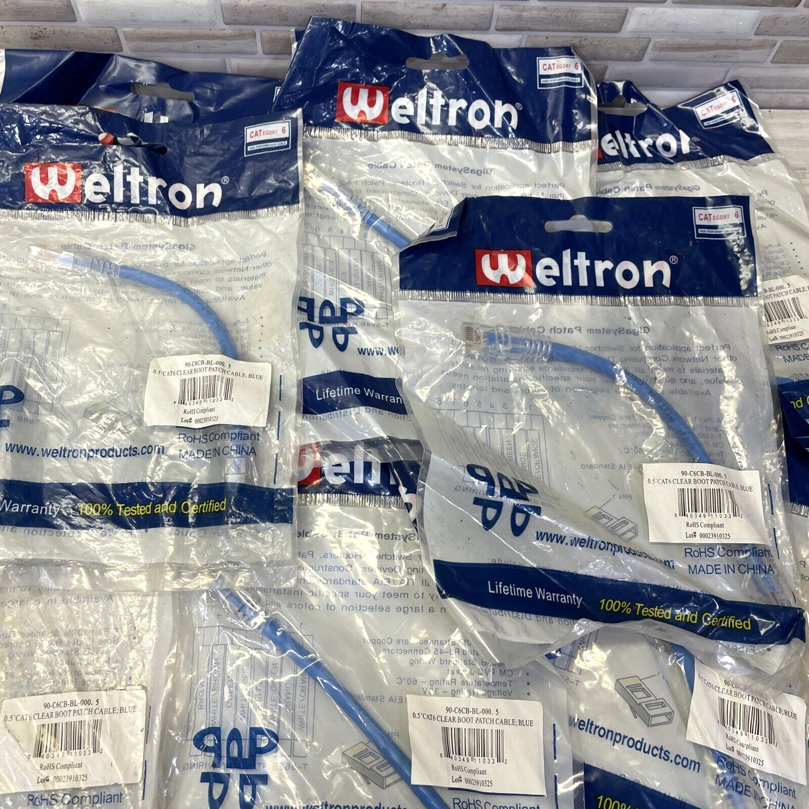 8- Weltron Cat6 Snagless Patch Cable, Blue, 6", Gold Plated, Sealed Packages