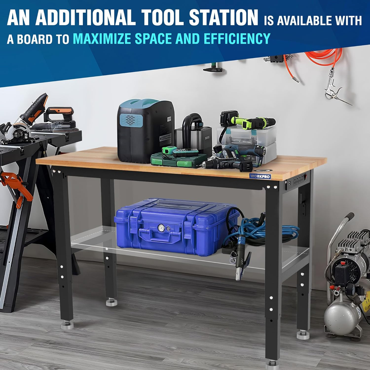 WORKPRO Adjustable Garage Workbench, 48"X22" Rubber Wood Top Heavy-Duty Work Des