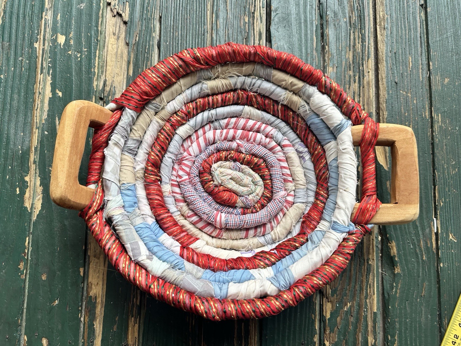FABRIC WOVEN BASKET 2 WOODEN HANDLES 14" X 4"H Vtg Granny Core
