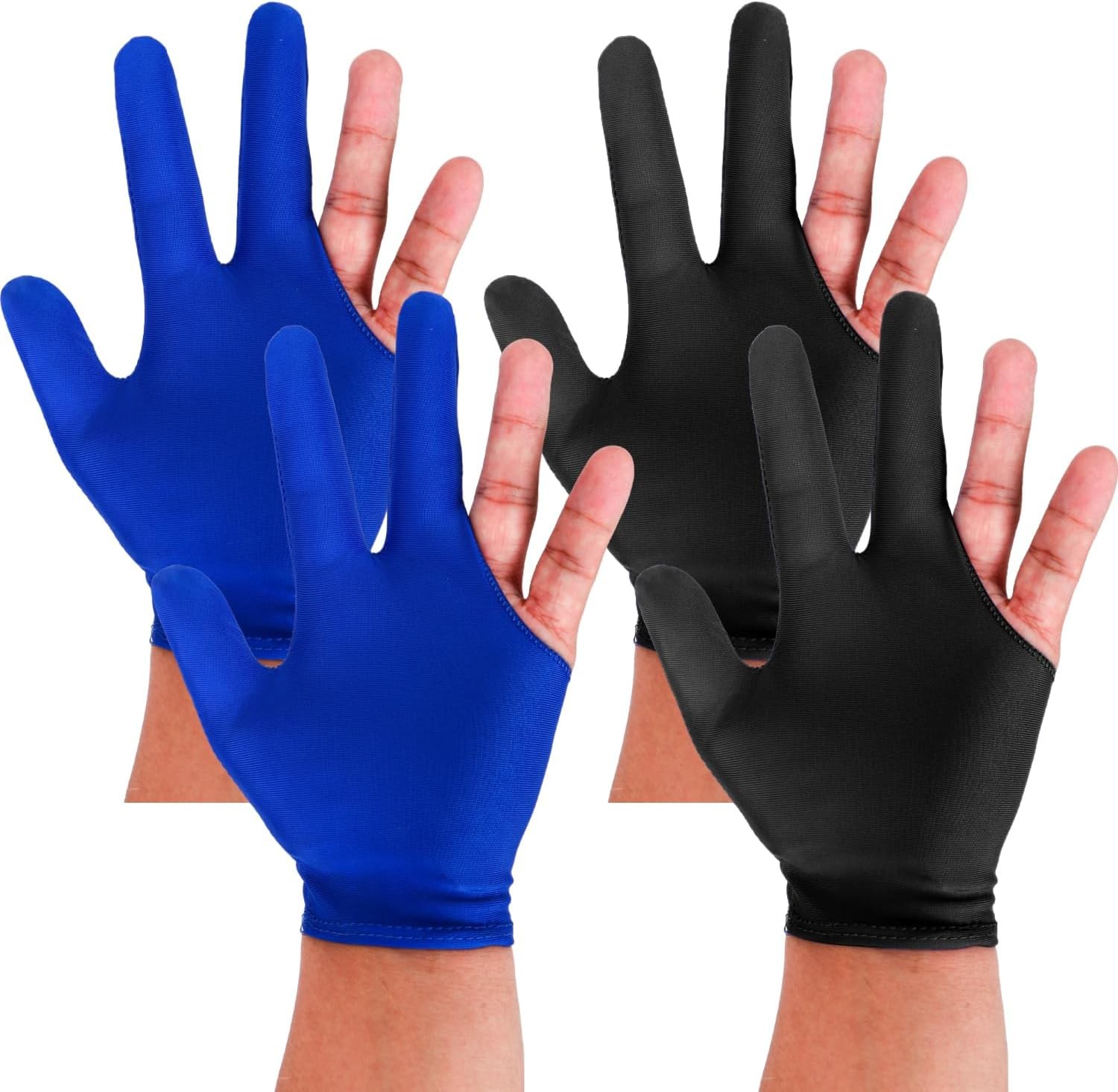 Billiards Glove 2 Pcs Three Finger Pool Universal Cue black and blue