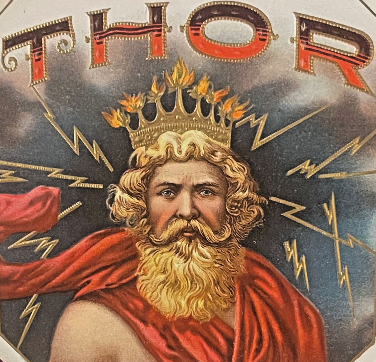 Antique Thor God of Thunder Cigar Label ⚡ Gold Embossed Heywood Strasser Voigt