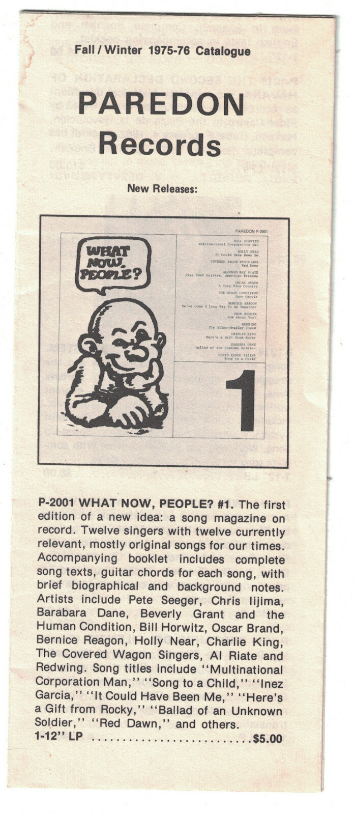 PAREDON RECORDS CATALOG SPRING 1975 - RADICAL REVOLUTIONARY MUSIC, POETRY, more