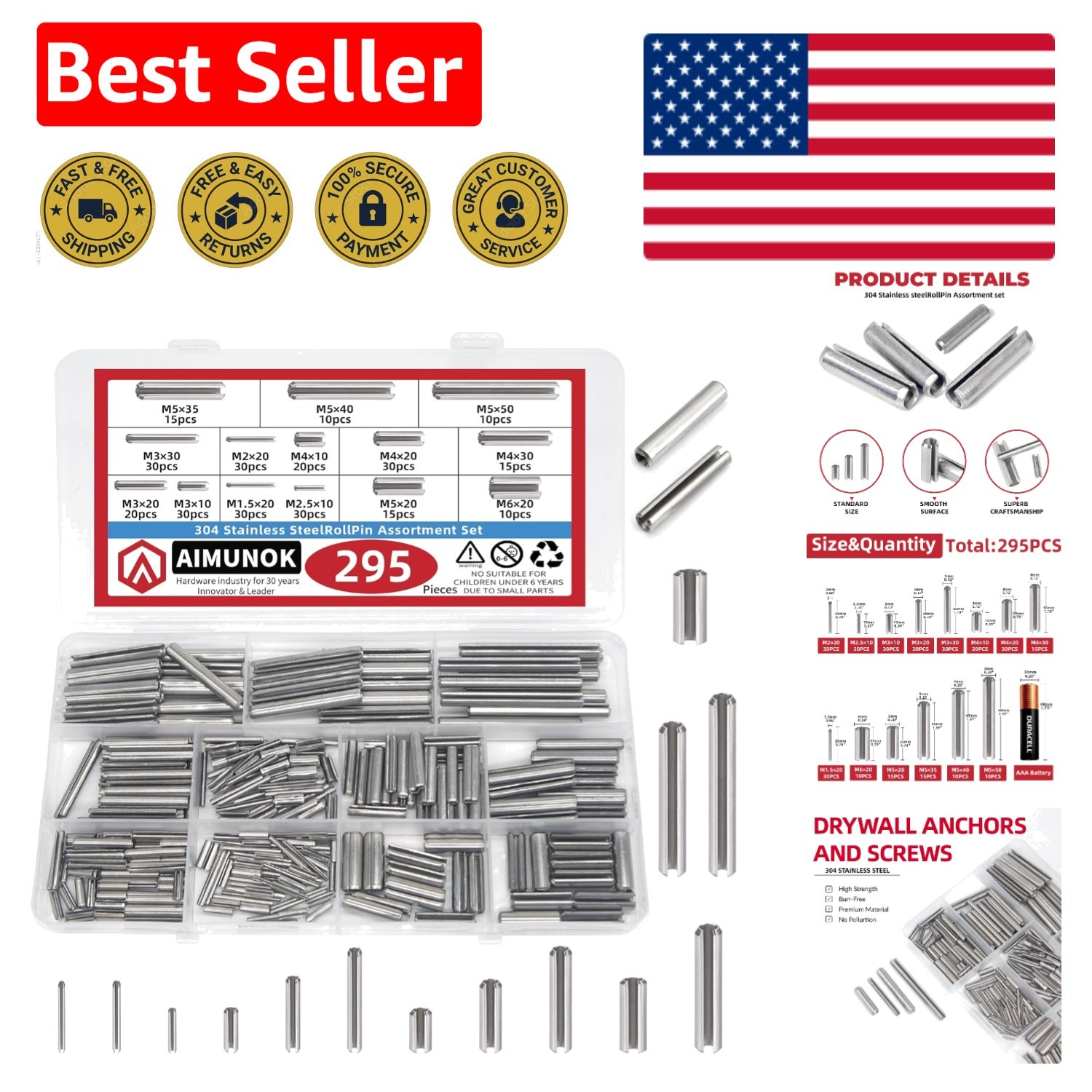 295-Piece Stainless Steel Roll Pin Assortment Kit - Spring Dowels, Slotted Te...