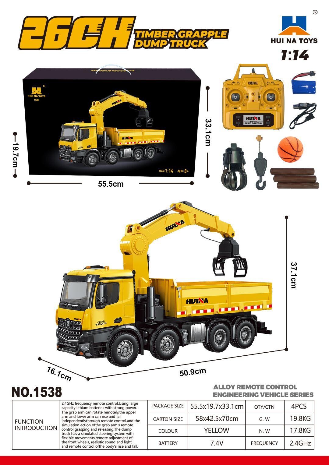 HUINA 1:14 26CH Timber Grab Truck Dump 1538 RC Tipper Model Finished Battery