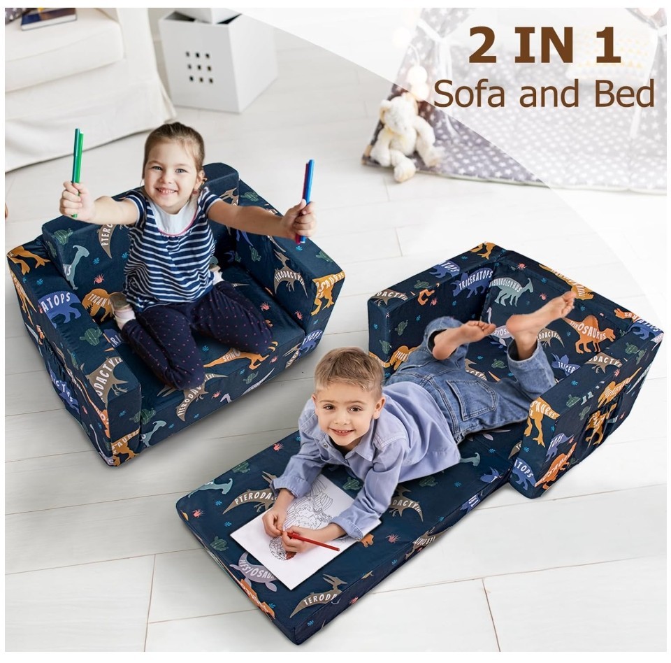 Dinosaur Blue Flip Out Chair To Lounger Couch Sofa For Kids Boys Toddlers 1-3