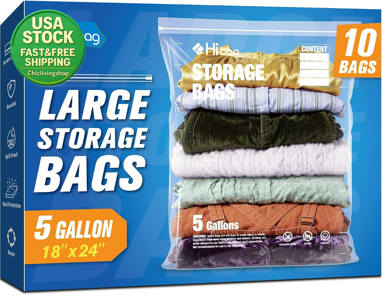 5 Gallon Zippered Plastic Storage Bags 18 X 24 Extra Thick 10 Pack Clear