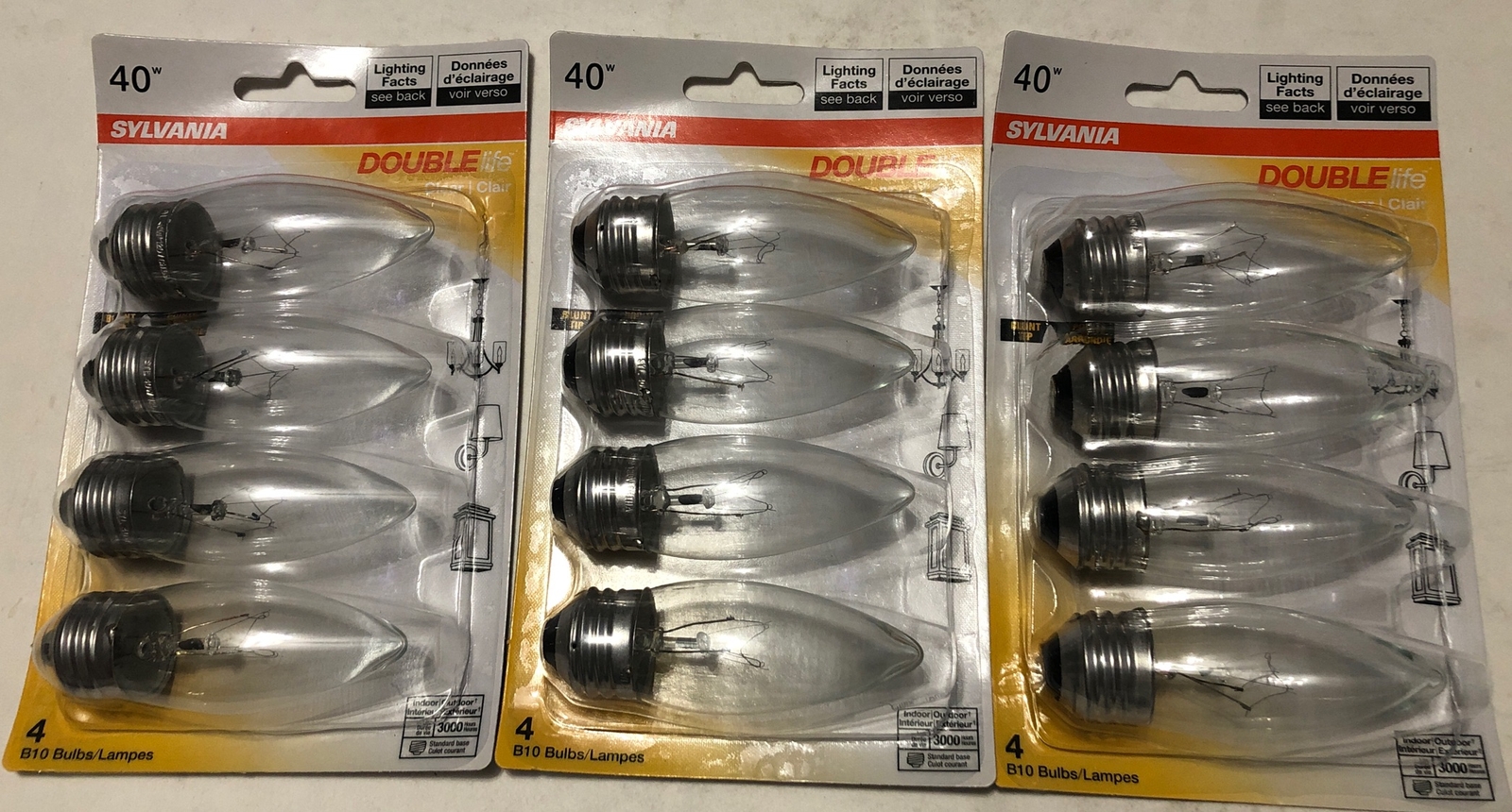 (Lot Of 12) SYLVANIA Double Life  Bulbs, B10-40W, Clear Finish, Standard Base