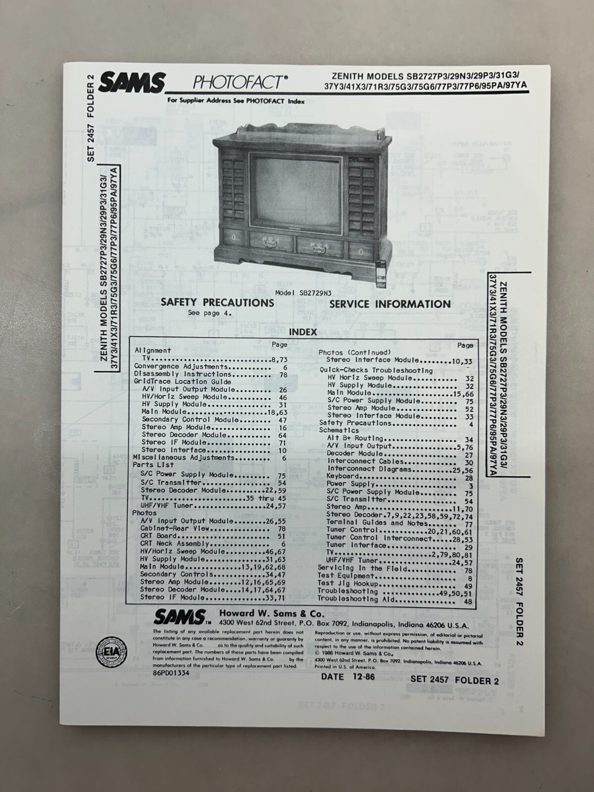 Zenith SB2727P3 Service Manual Sams Photofact Free Shipping