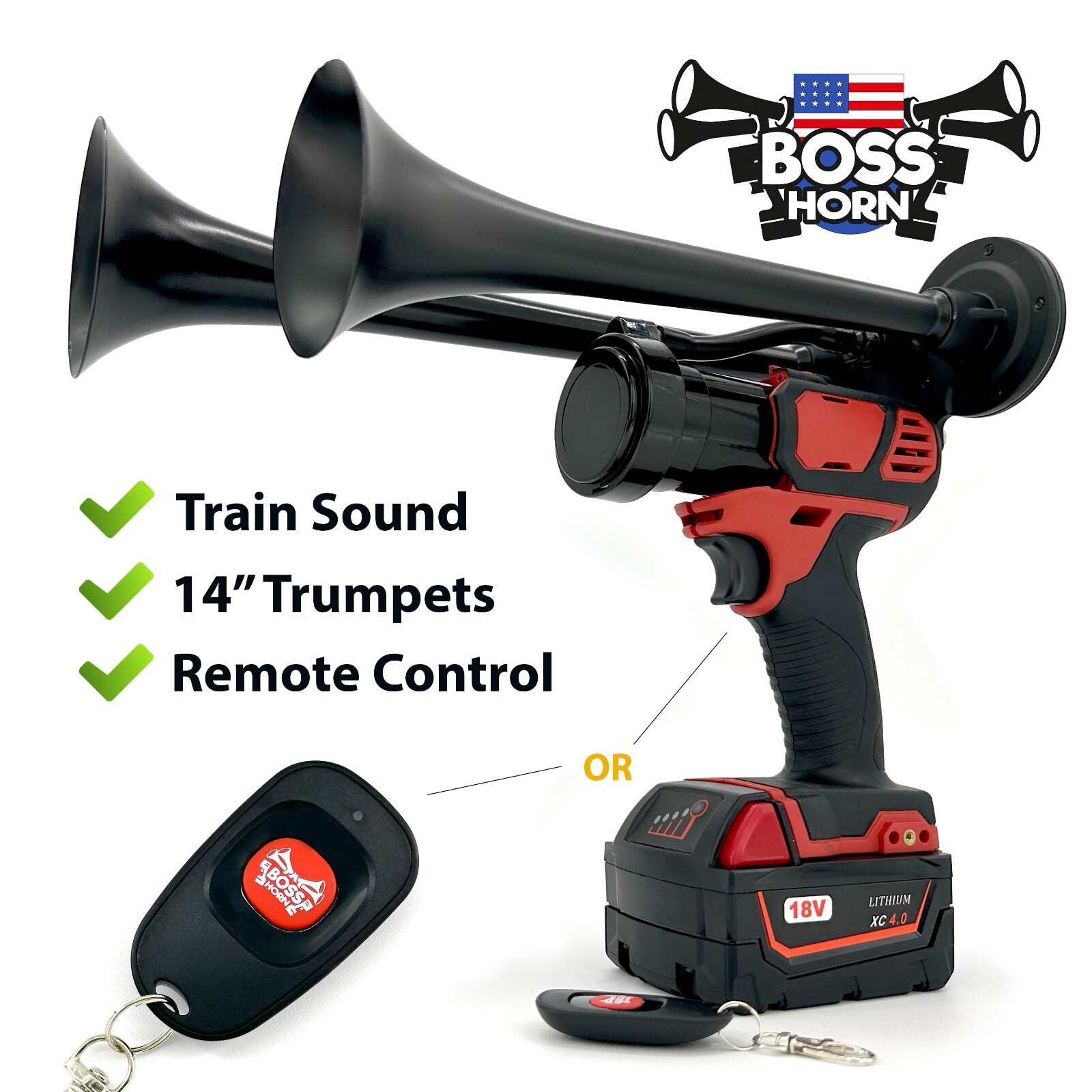 Boss Dual Train Horn for Milwaukee® 18v Battery + Remote / 14" Black Trumpets