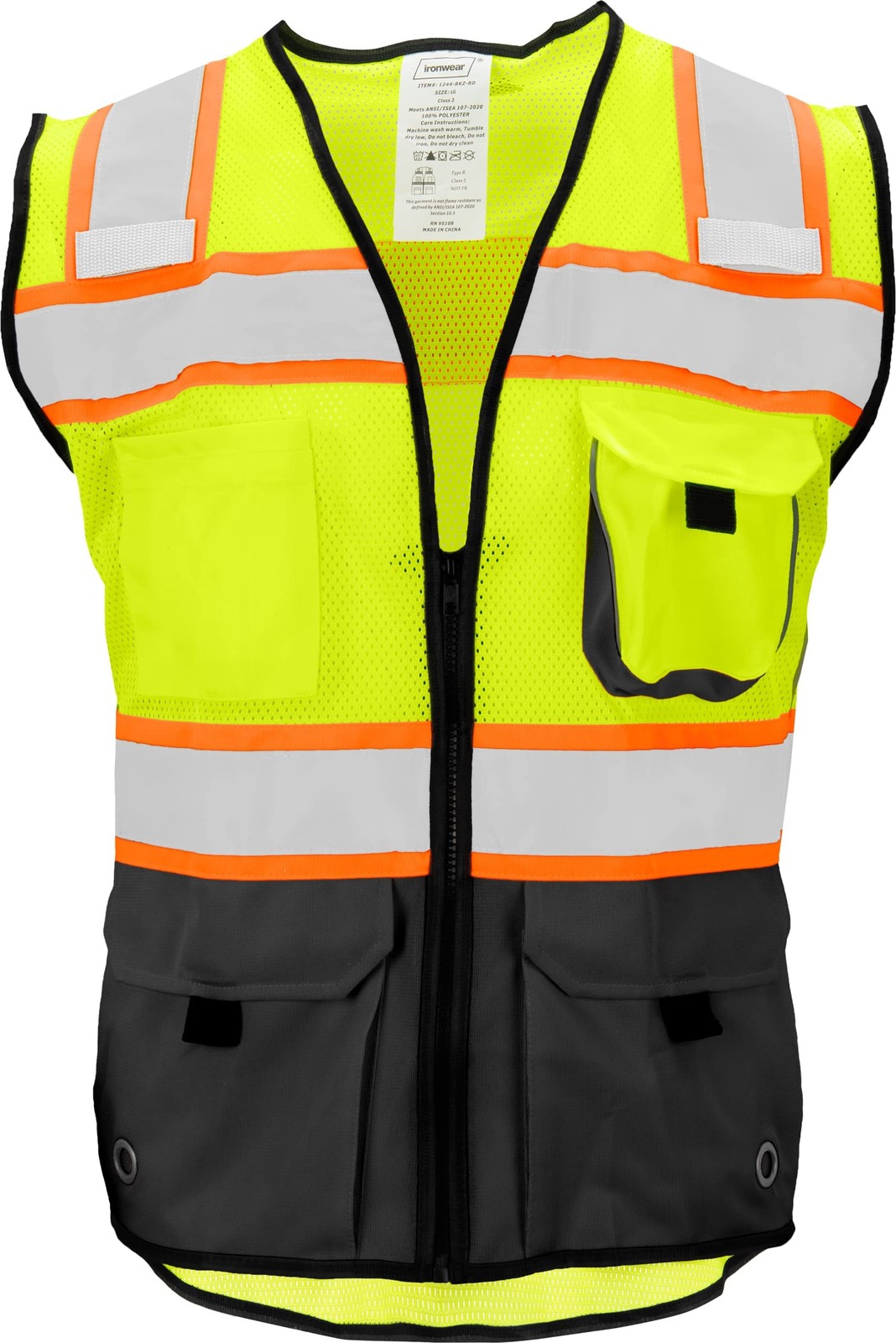 HI-VIS Safety Vest XL Class 2, Zipper 8 Pockets X-Large-X-Large Lime