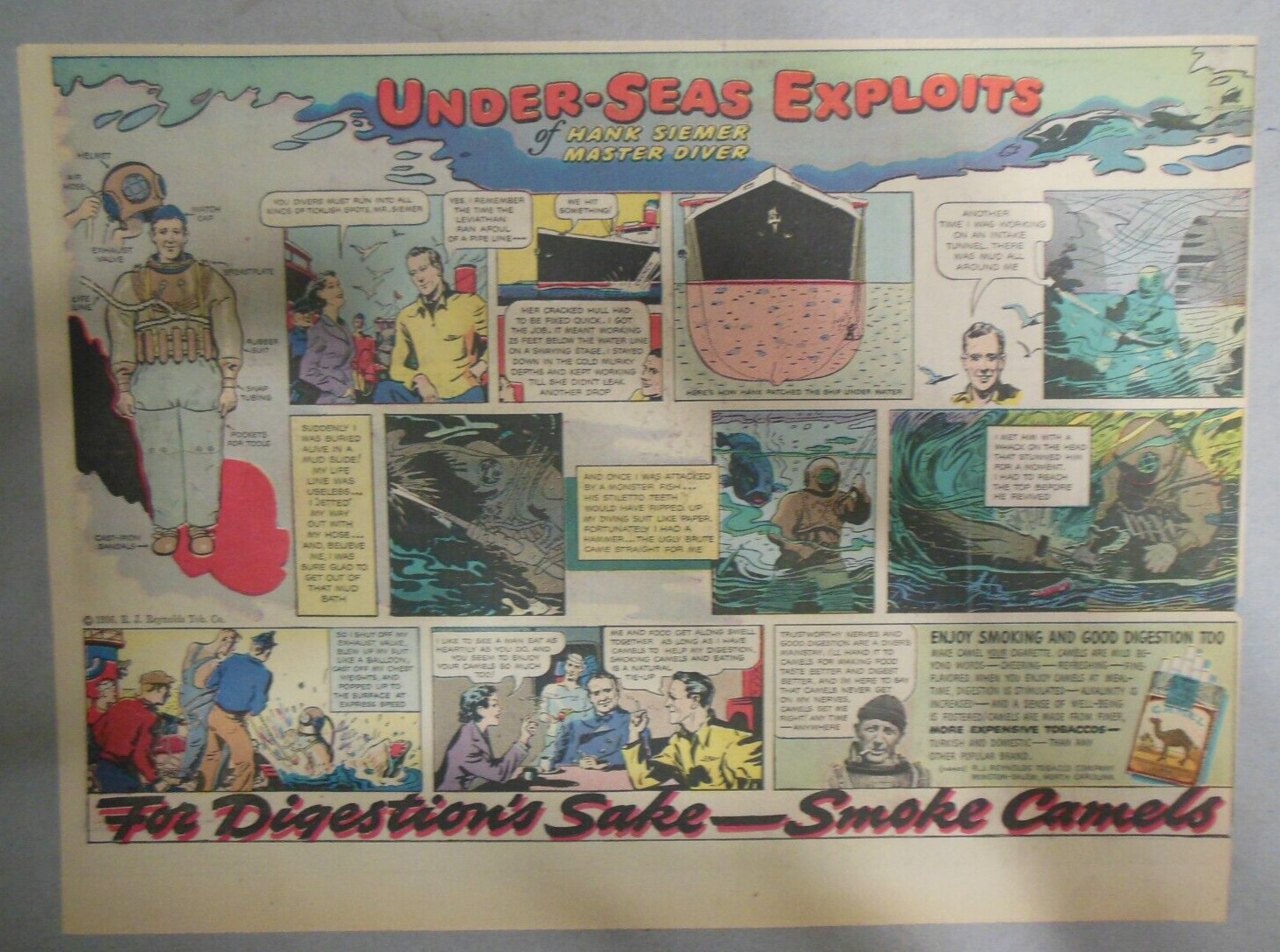 Camel Cigarette Ad: Deep Sea Diver Hank Siemer ! from 1936 Size 11 x 15 inch