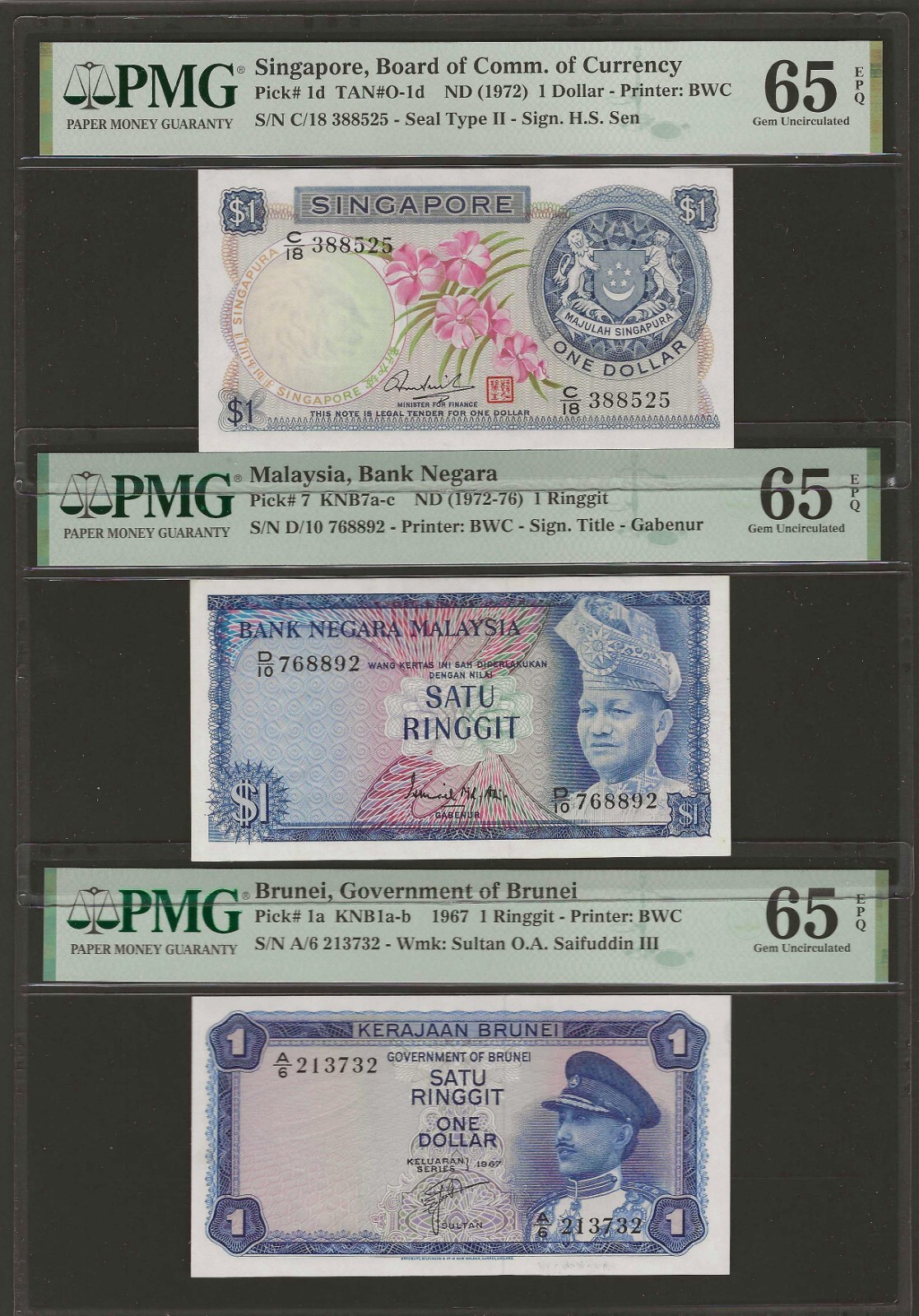BRUNEI MALAYSIA SINGAPORE $1 Ringgit / Dollar 1967 & 1972, PMG 65 EPQ GEM UNC 3x