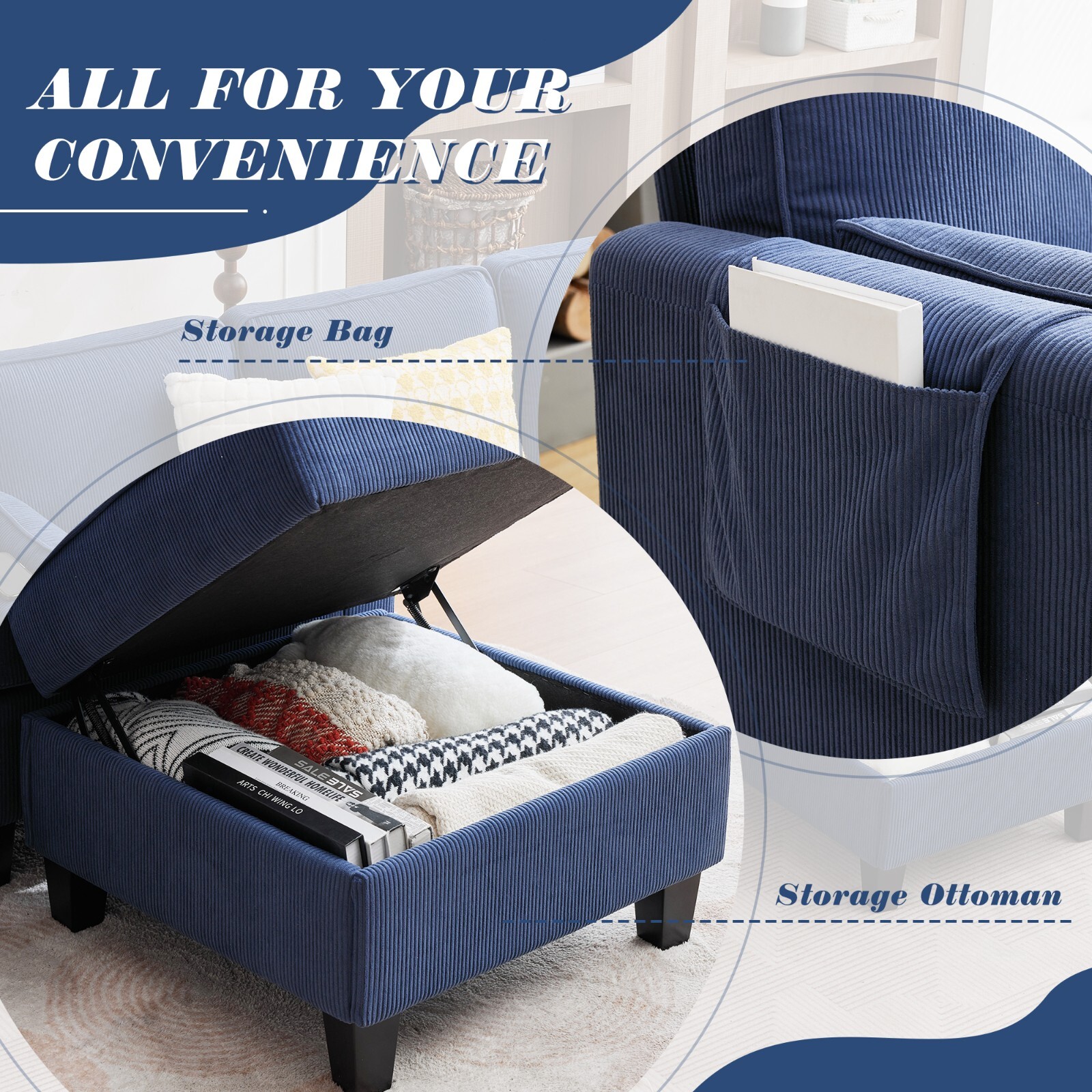 Convertible Sectional Couches W/Storage Chaise, USB Ports, Side Pockets