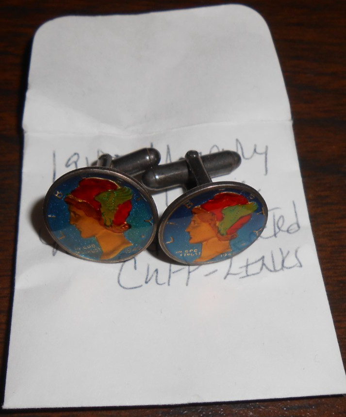1945 MERCURY DIME - PAINTED/ENAMELED and PROTECTED CUFF-LINKS