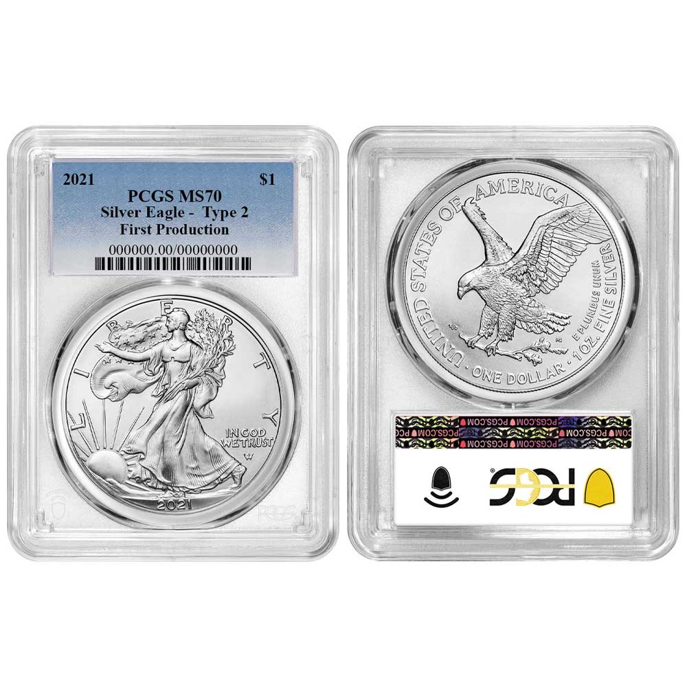 2021 $1 Type 2 American Silver Eagle PCGS MS70 First Production Blue Label
