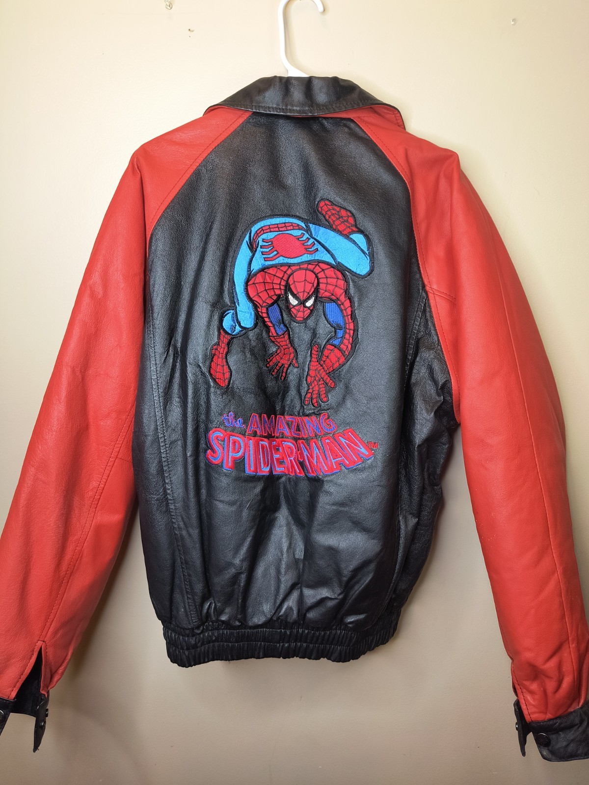 Vintage Marvel Comics Spiderman Leather Jacket Size L 90s Jump Sichel Big *Read*