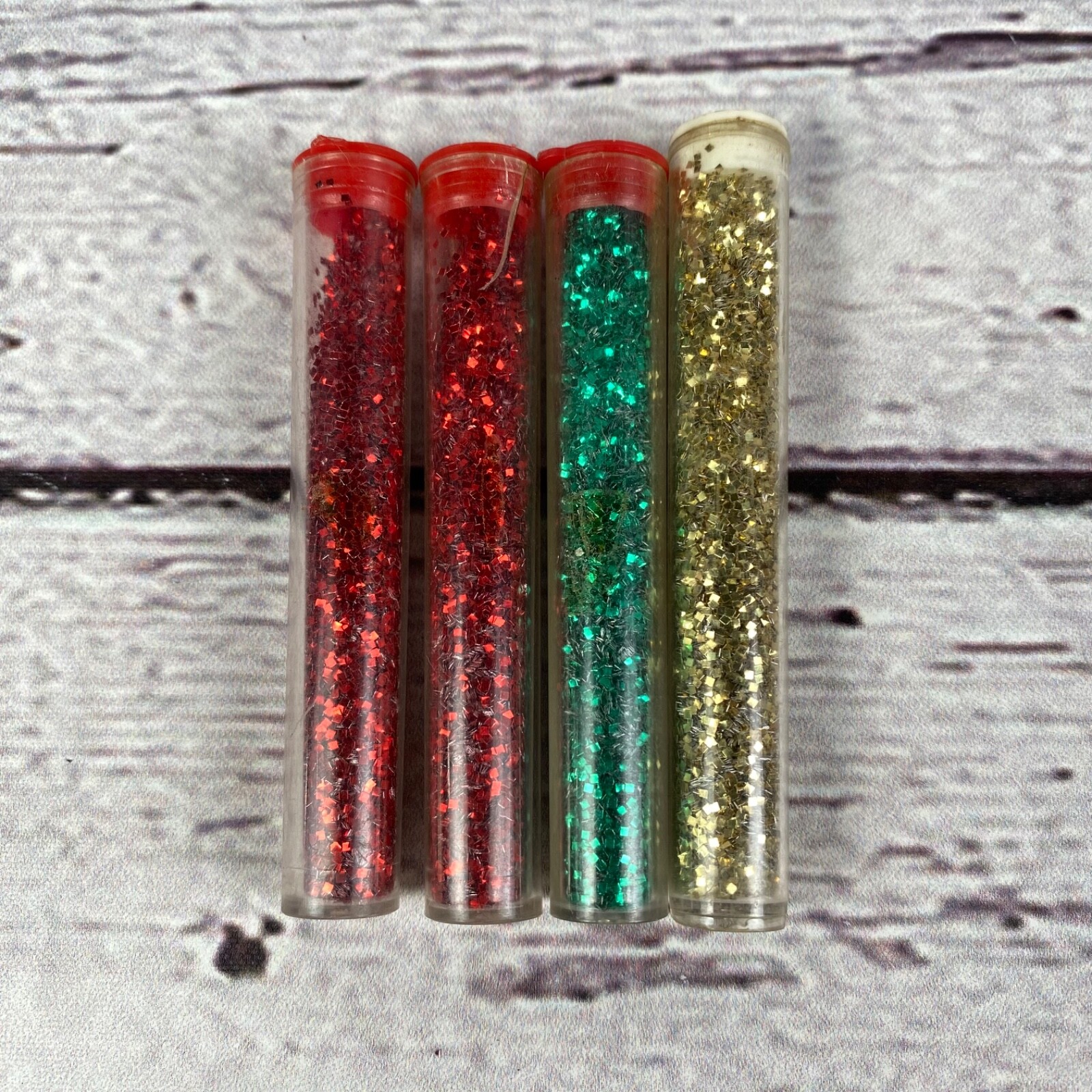 Vintage Lot of 4 Mini Glitter Tubes Red, Green, & Gold ~1 oz Total