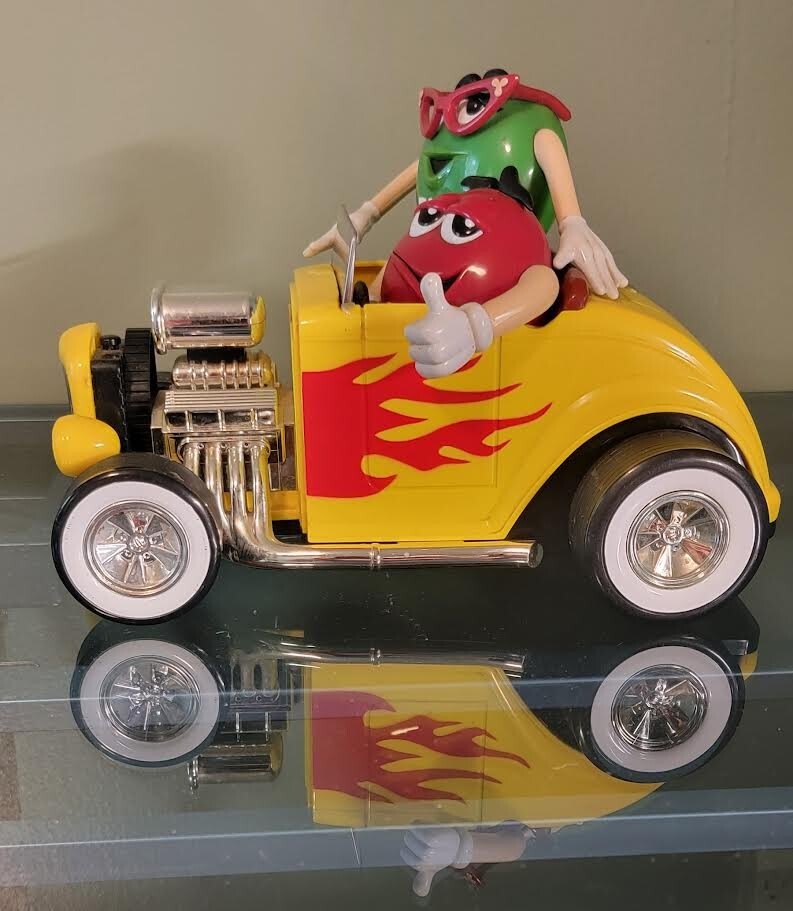 Collectable 11" Yellow Hotrod M&M Candy Dispenser. Red and Green M&M.