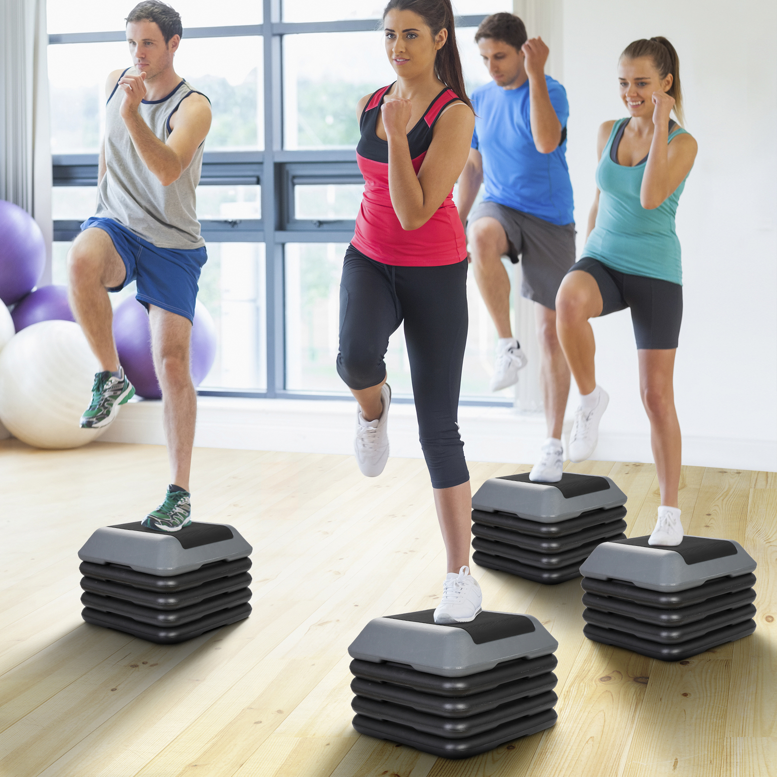 2PCS 16" Adjustable Height Stepper Square Workout Aerobic Platform w/ 4 Risers