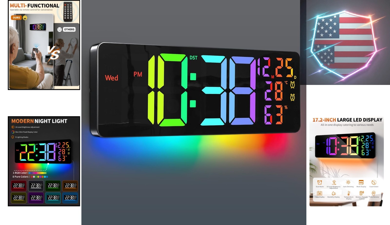 17.2" Large Digital Wall Mount Clock, Count Down Timer, Alarm, Big LED, 11 RG...