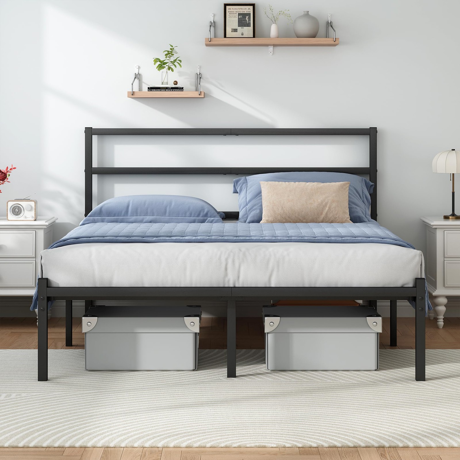 Full Bed Frame Black Metal Platform 14 Inch Steel Slat No Box Spring