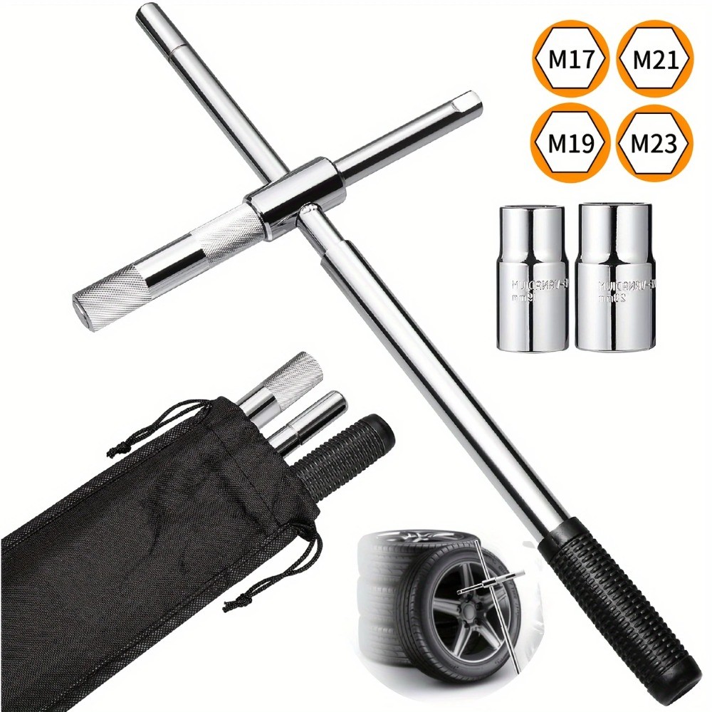 23" Universal Extended Lug Wrench, 4 Way Tire Iron Nut Wrench Set W/Socket