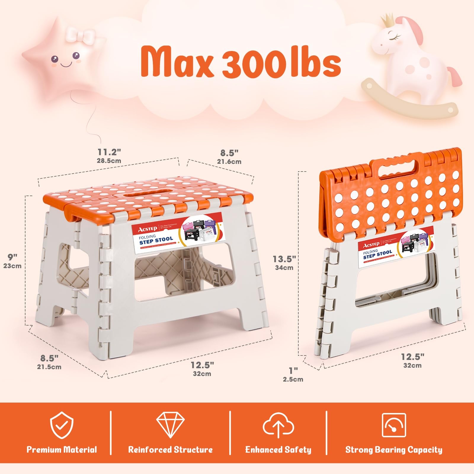 9 Inch Folding Step Stool 300 LB Capacity Plastic Foldable Step Stools for Ki...