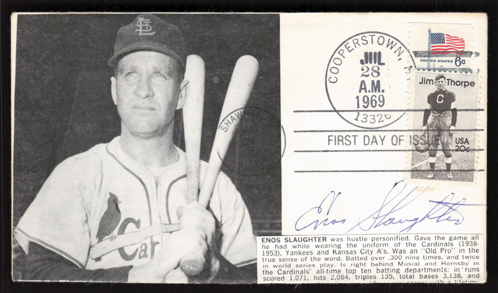 Enos Slaughter Signed FDC First Day Cover Baseball Cachet Autograph Cardinals
