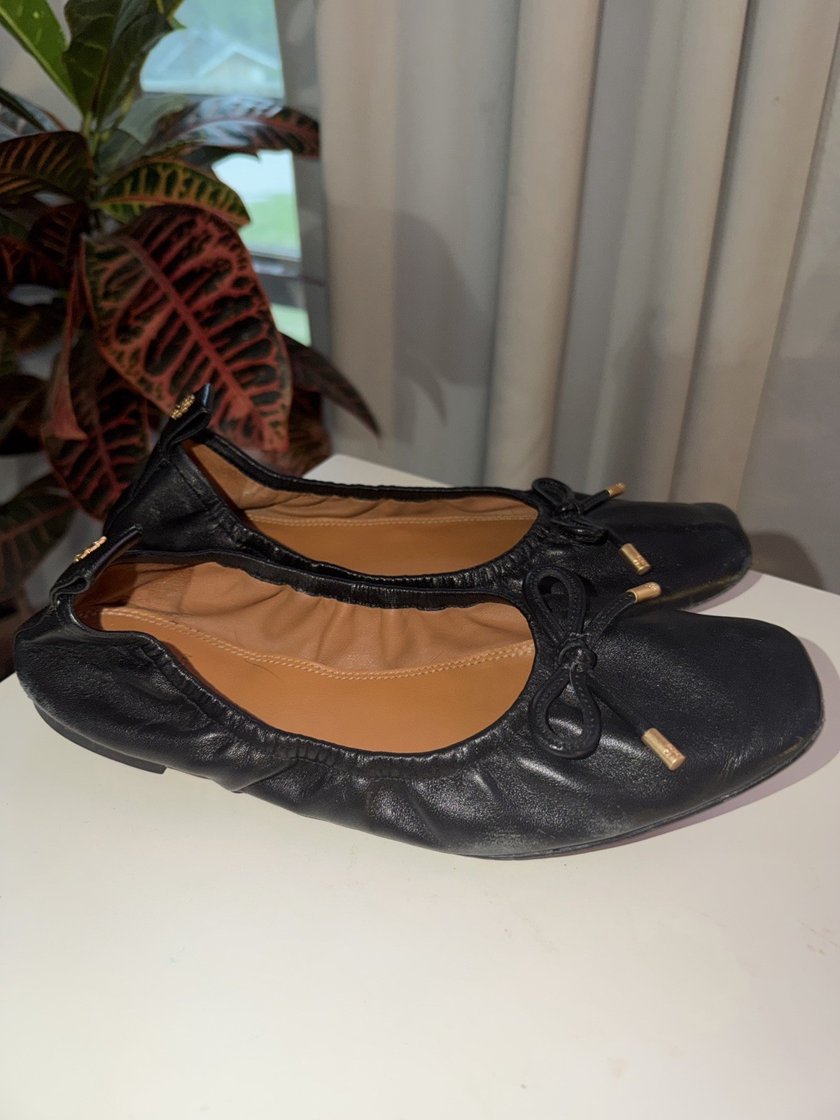 Tory Burch Black Leather Ballet Flats Square Toe Soft Bow Coquette Core 8 M