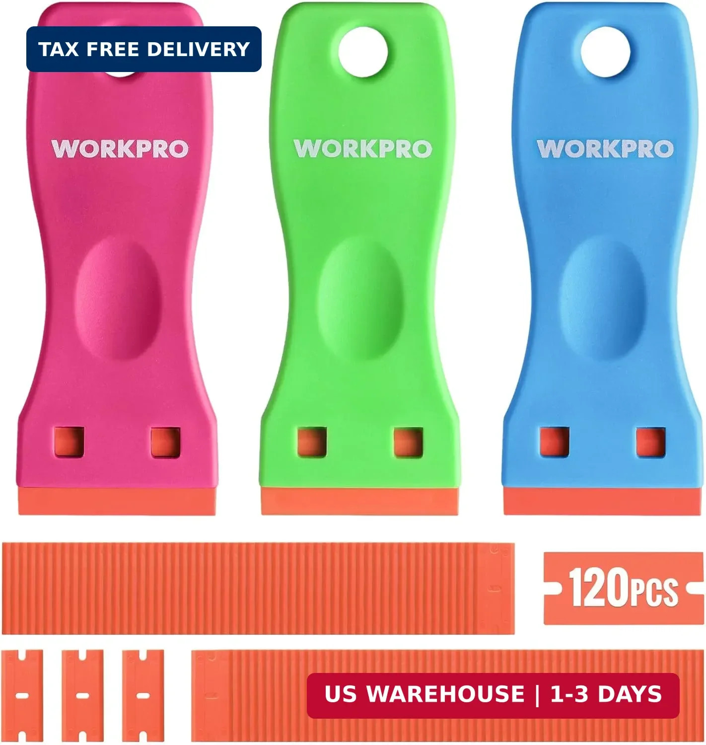 WORKPRO 3-Piece Plastic Razor Blade Scraper with 120 Pcs Plastic Razor Blades, f