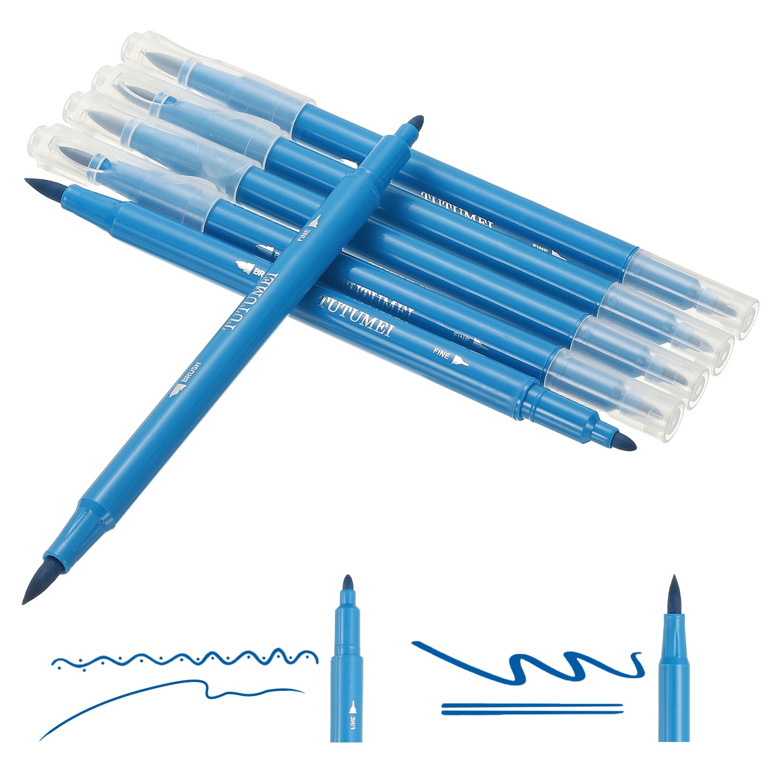 Dual Brush Markers, Sky Blue Fine and Brush Tip Pen for Coloring, 6 Pcs