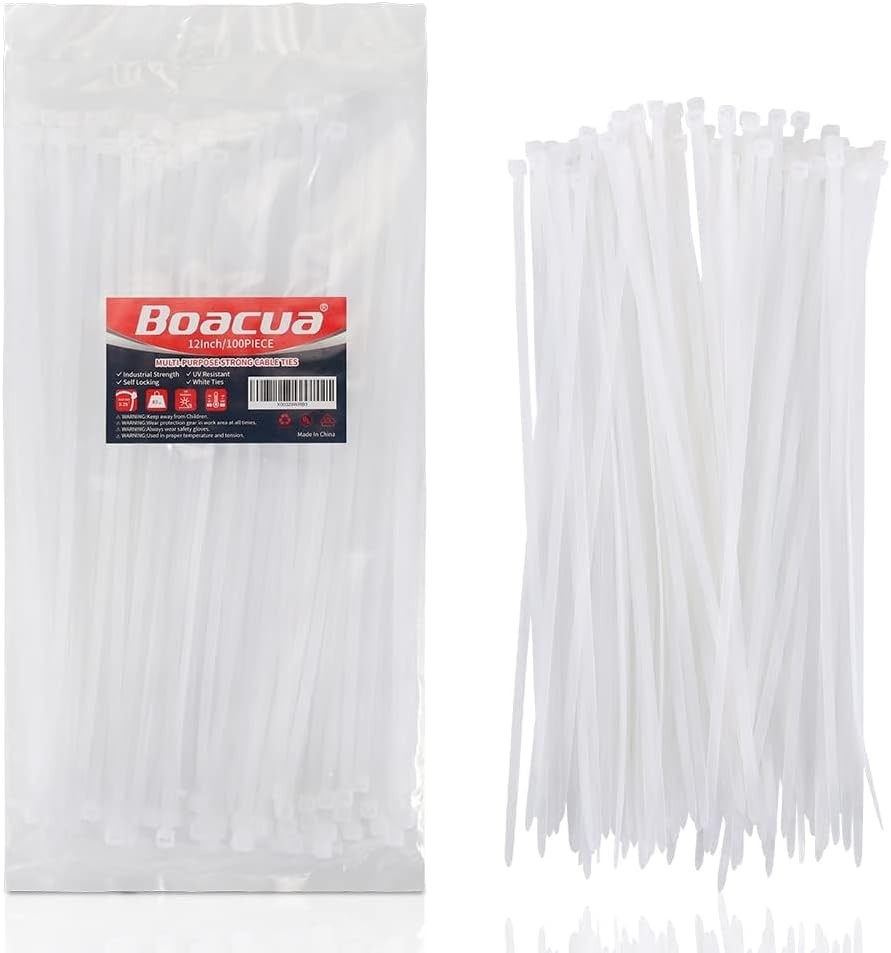12 Inch Zip Cable Ties (100 Pieces), Self-Locking 12 White