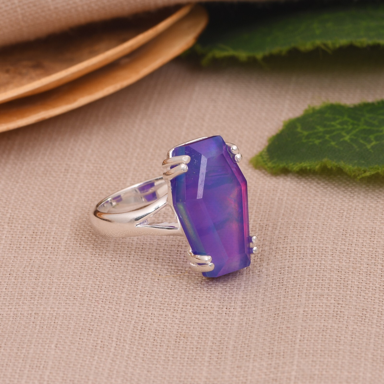 Nebula Opal Coffin Shape Engagement Ring 925 Sterling Silver Gift For Love