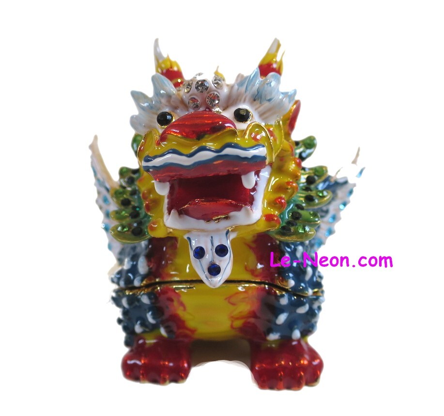 Bejeweled Qilin Dragon Hinged Metal Enameled Crystal Trinket box