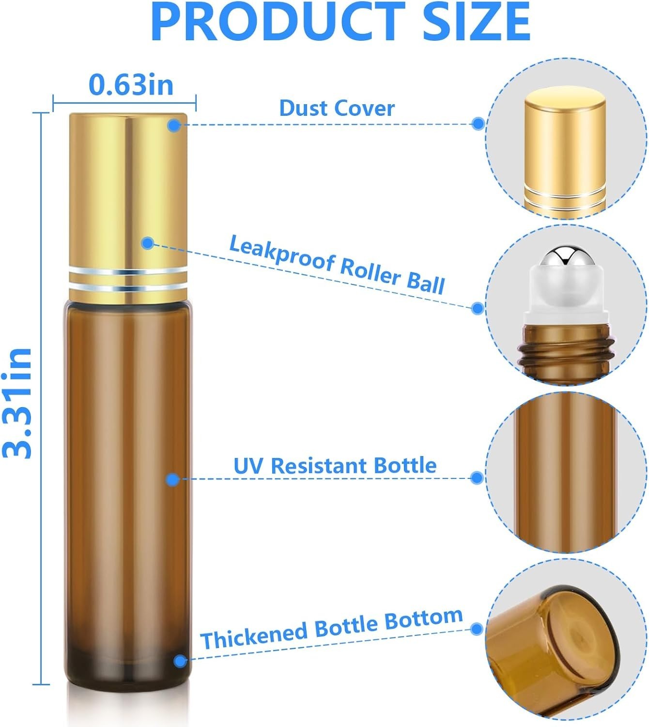 4 Pack Refillable Amber Glass Essential Oil Roller Bottles 10ml Leak-Proof