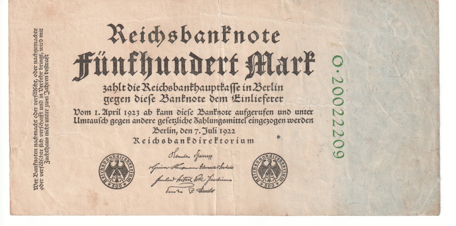 1922 Germany 500 ReichsBanknote - P# 74 - Fine - # 23972