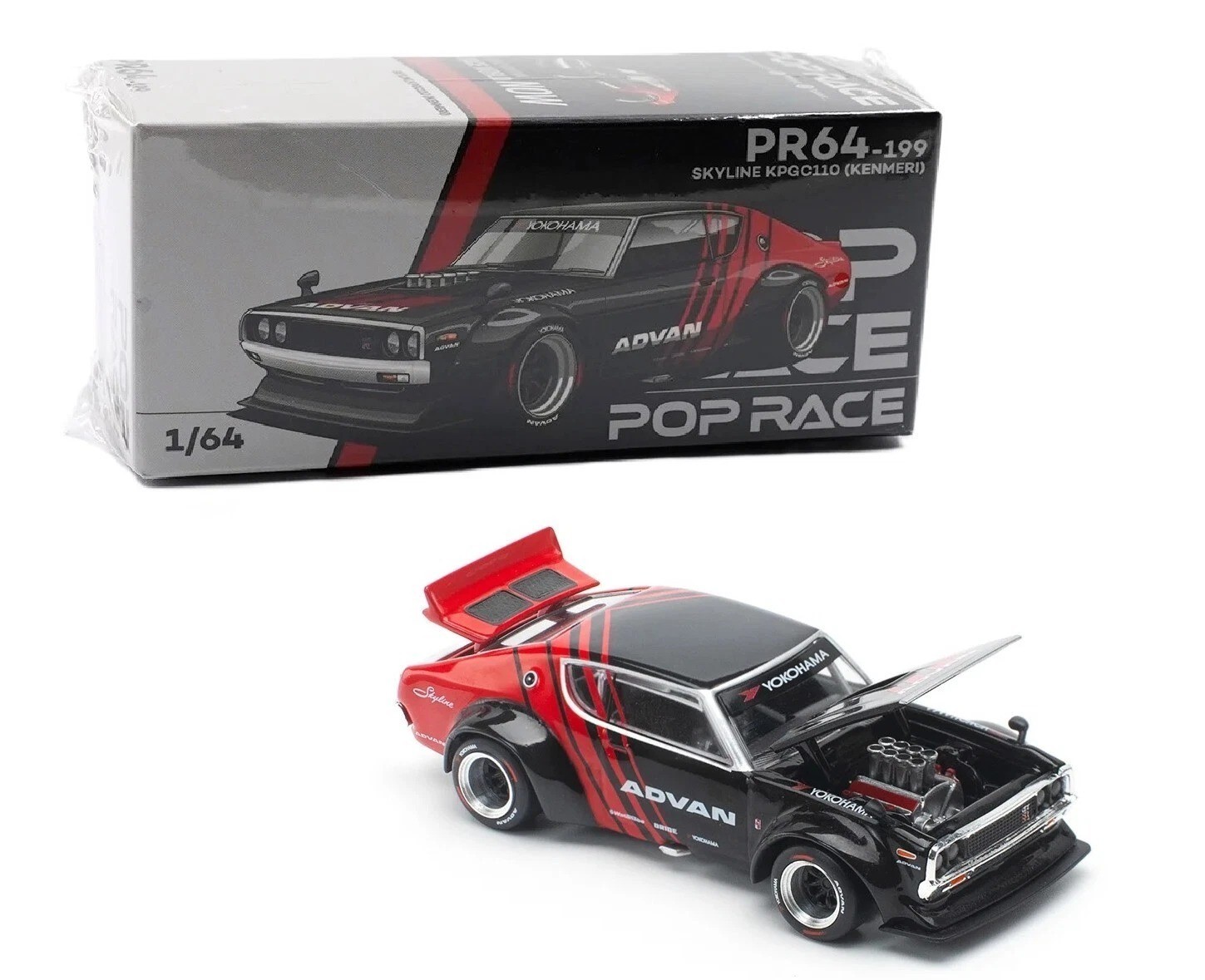 Pop Race 1:64 Nissan Skyline GT-R Drift KPGC110 Kenmeri Advan Livery PR640199-1F