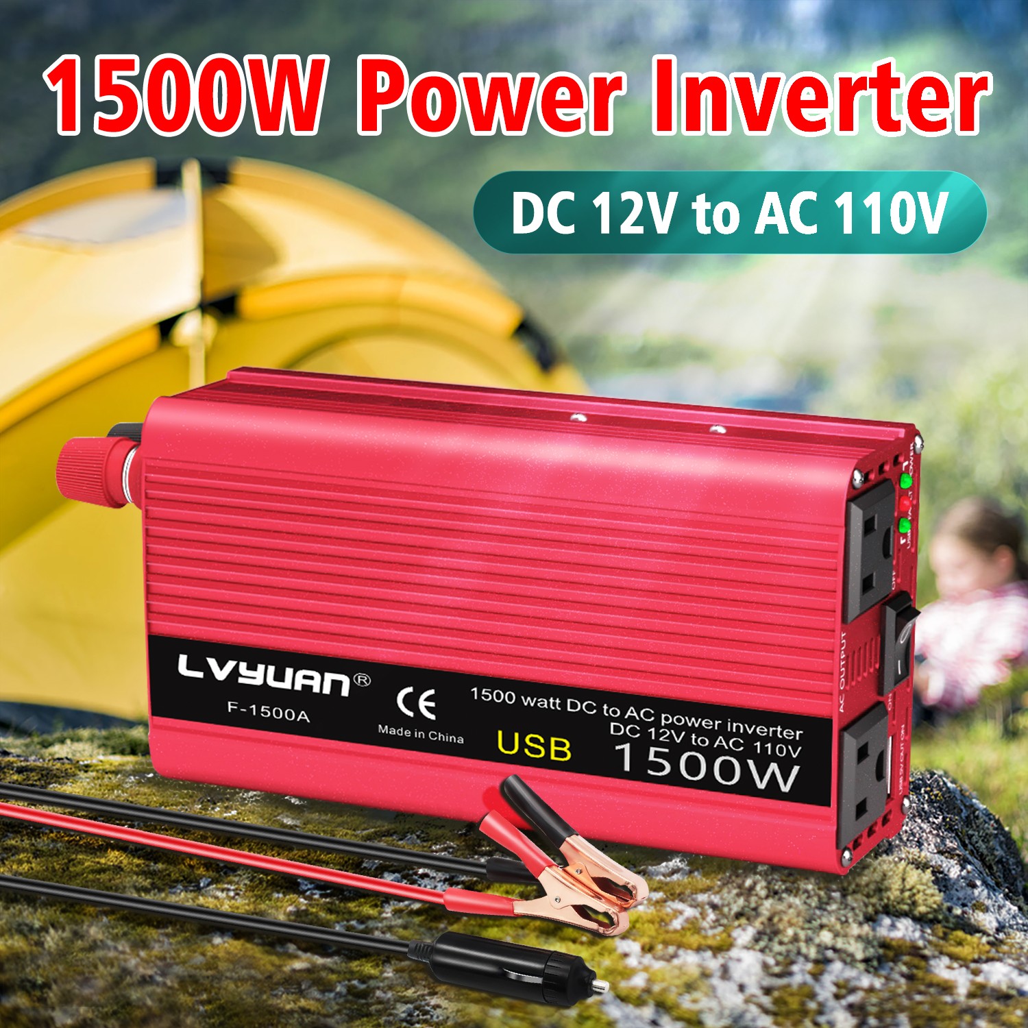 750W 1500W Power Inverter DC 12V to 120V AC Car Adapter USB 2AC Red for Laptop