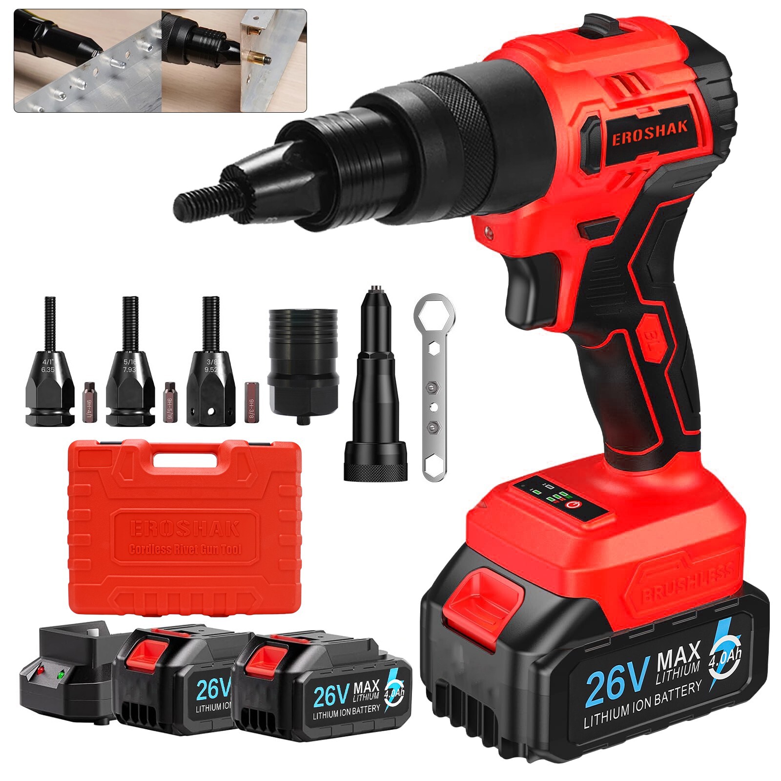 6-IN-1 Electric Rivet Nut Gun Set (3.0/4./4.8mm&10-24 & 1/4 5/16 3/8) Nut Insert