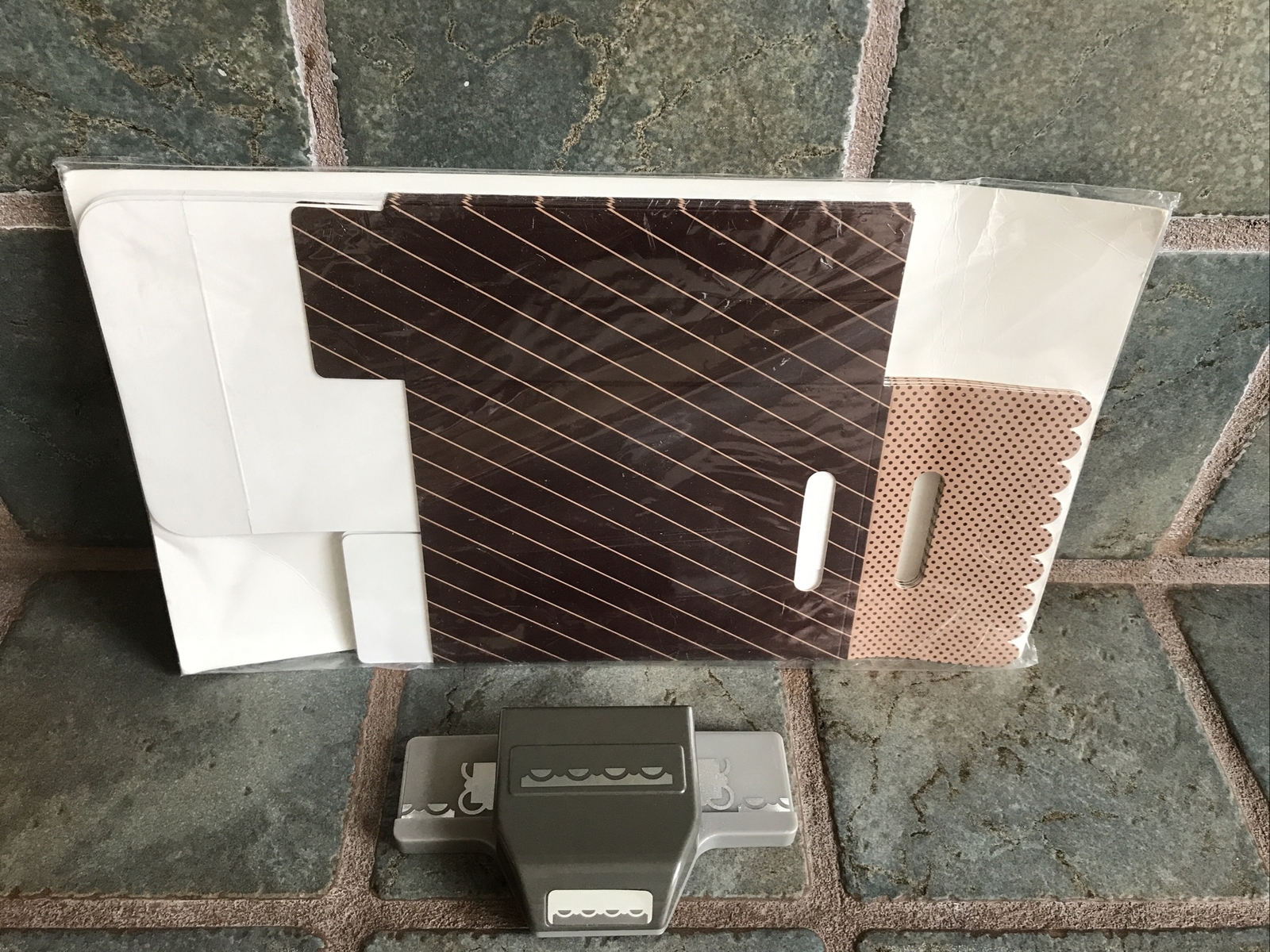 Stampin Up 5 TREAT BOXES Favors Large Brown Stripe Dots + Scallop Edge Punch Lot