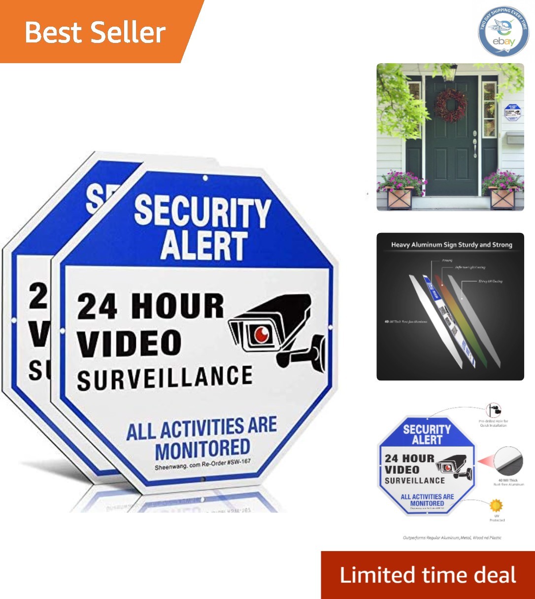 2-Pack Outdoor Security Camera Signs, 10'' x 10'' Reflective Aluminum for Hom...