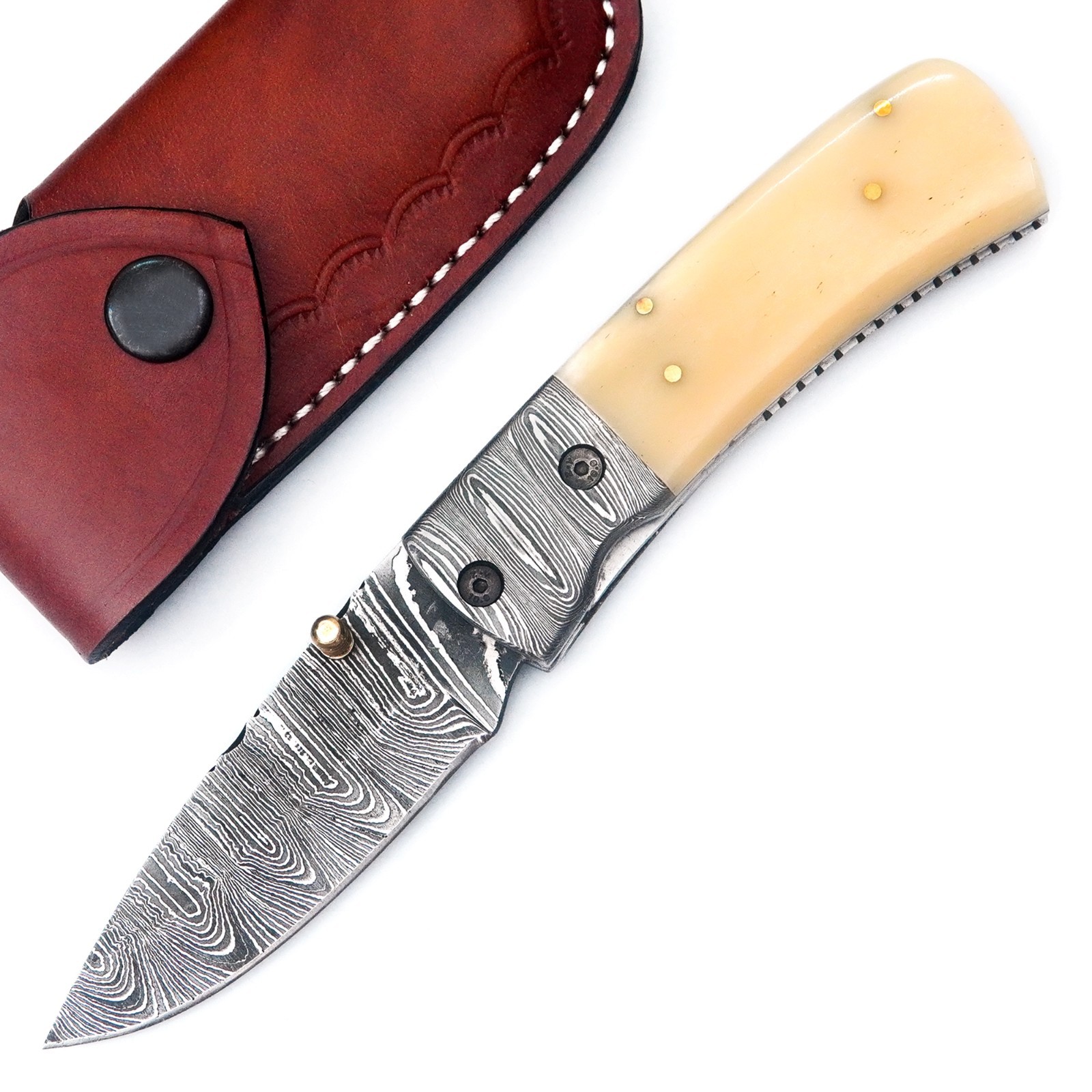 7.5" CUSTOM HANDMADE DAMASCUS CAMEL BONEHANDLE FOLDING KNIFE WITH SHEATH S16