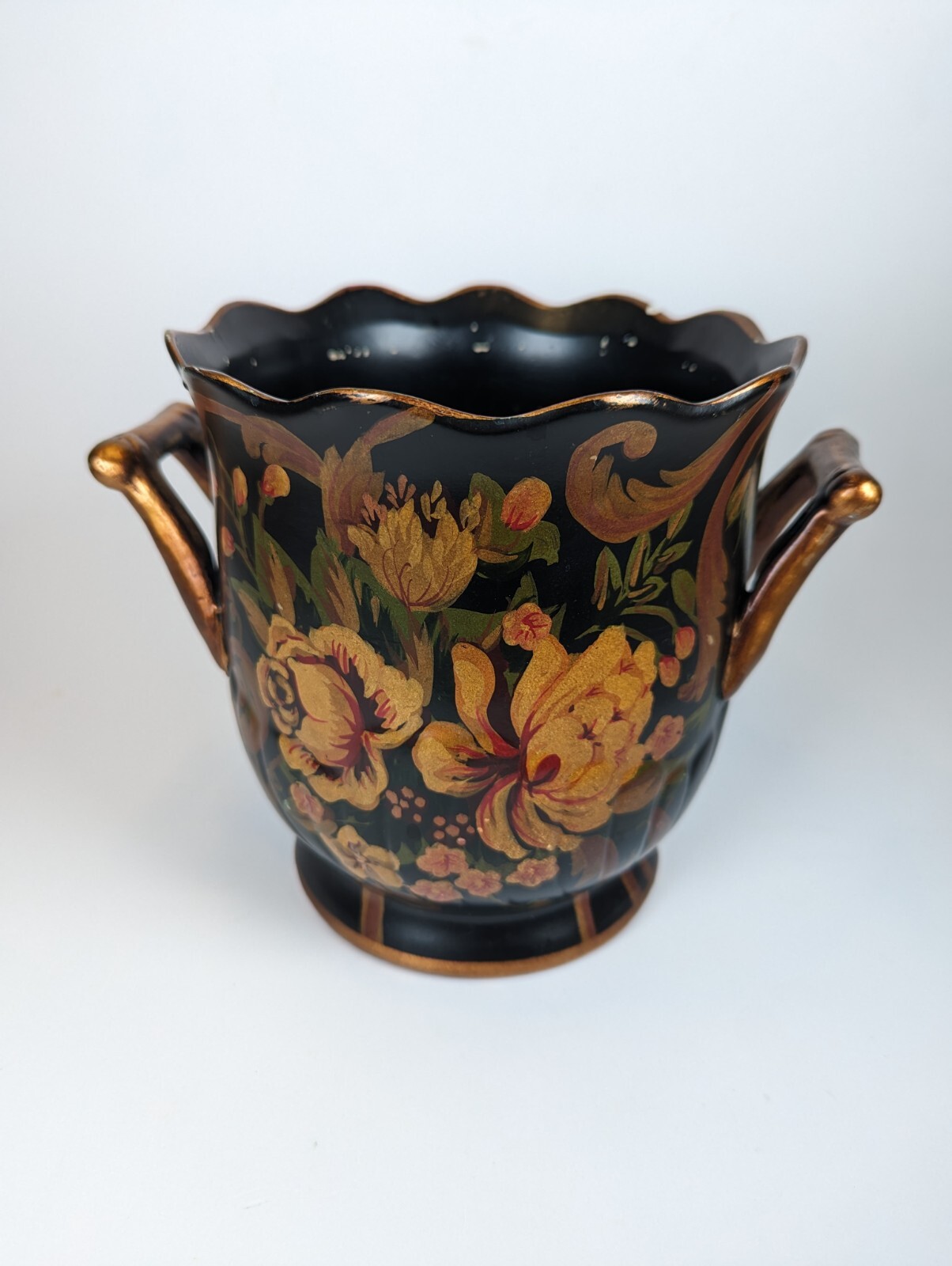 1990s Cottage Victorian Themed Two Handled Plant Pot China Ceramic Hand painted