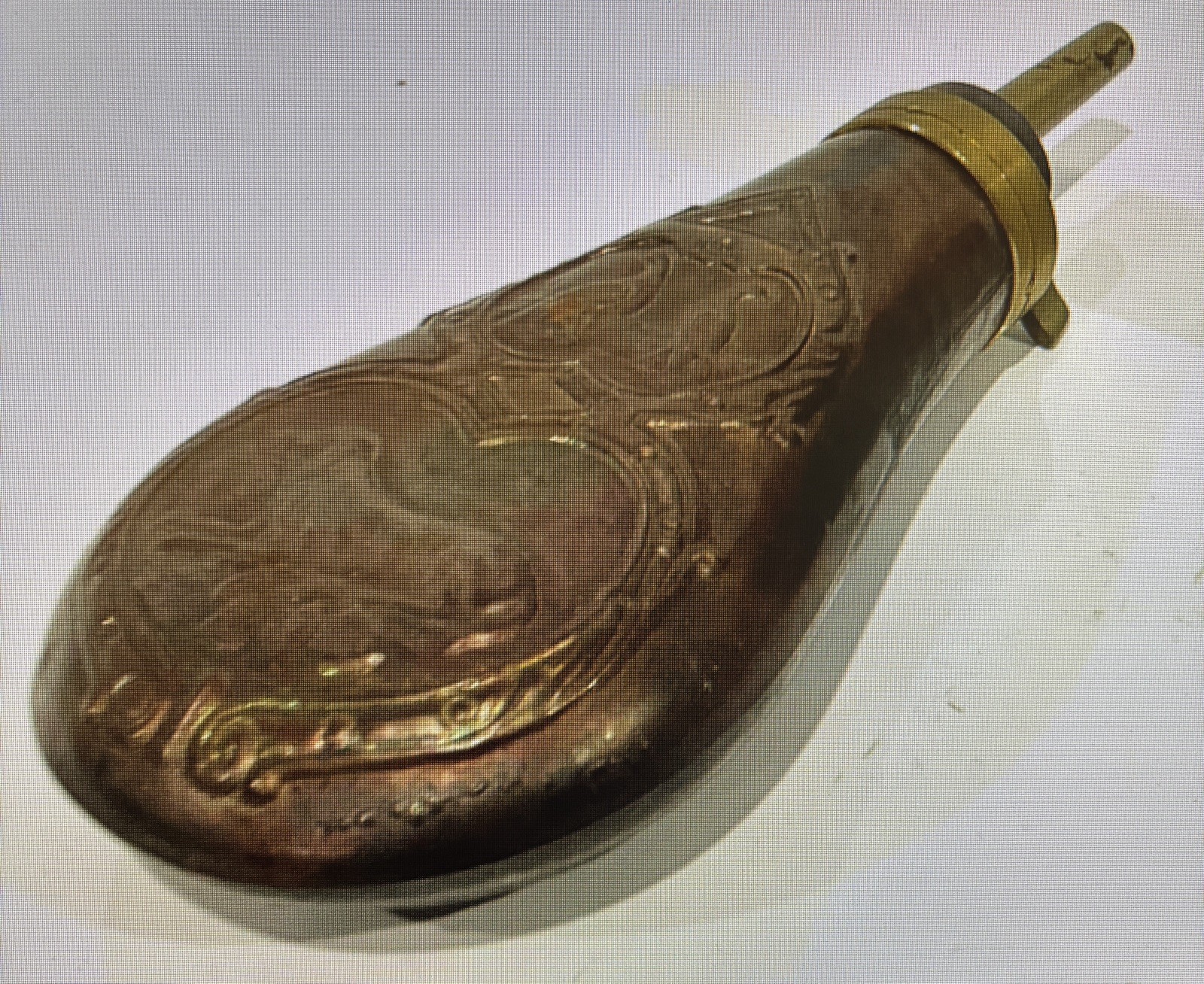 Antique 19th Century Copper & Brass Black Powder Flask Embossed w/Pheasant & Dog